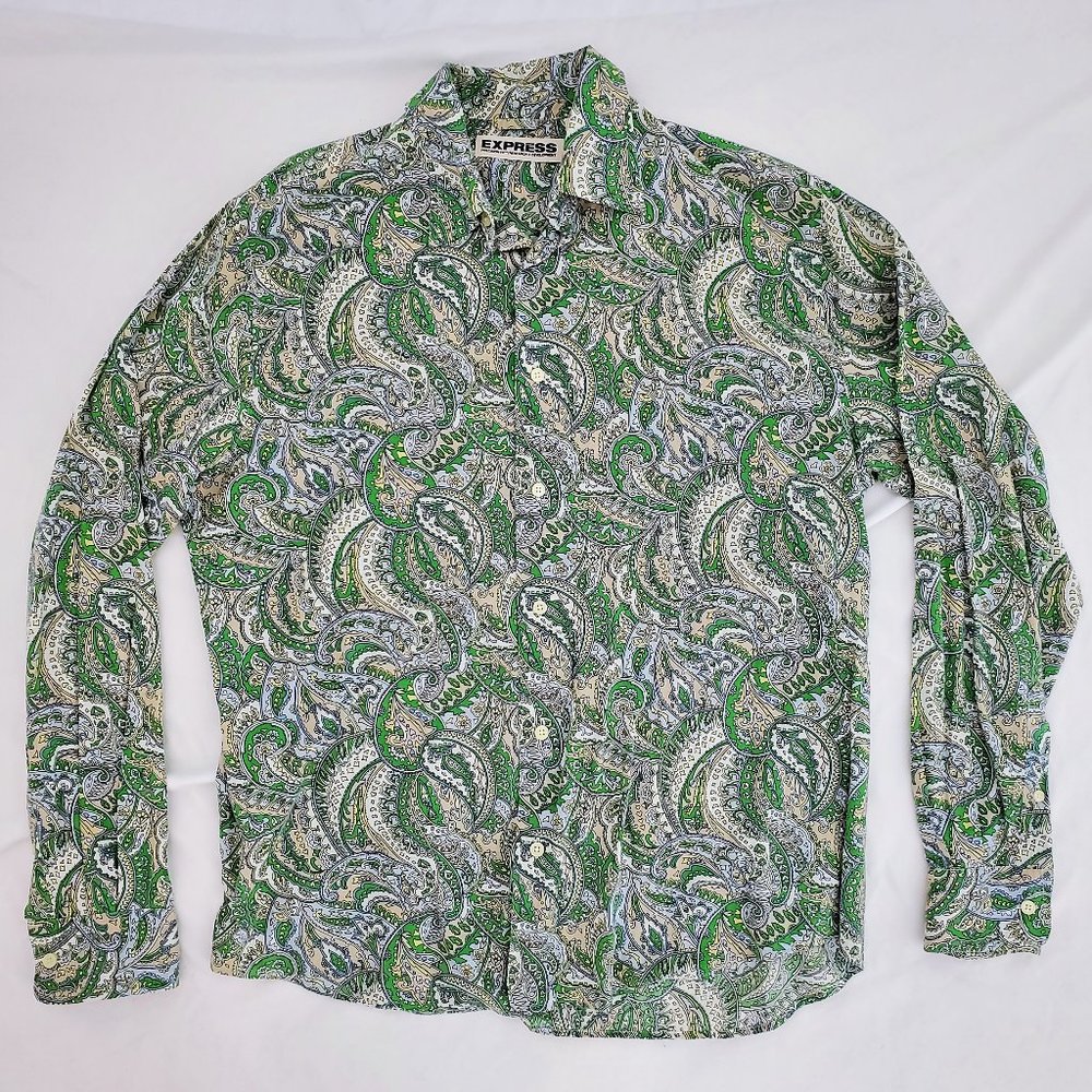 Express Dress Shirt Green Paisley Button-Up SHIRT Size Large